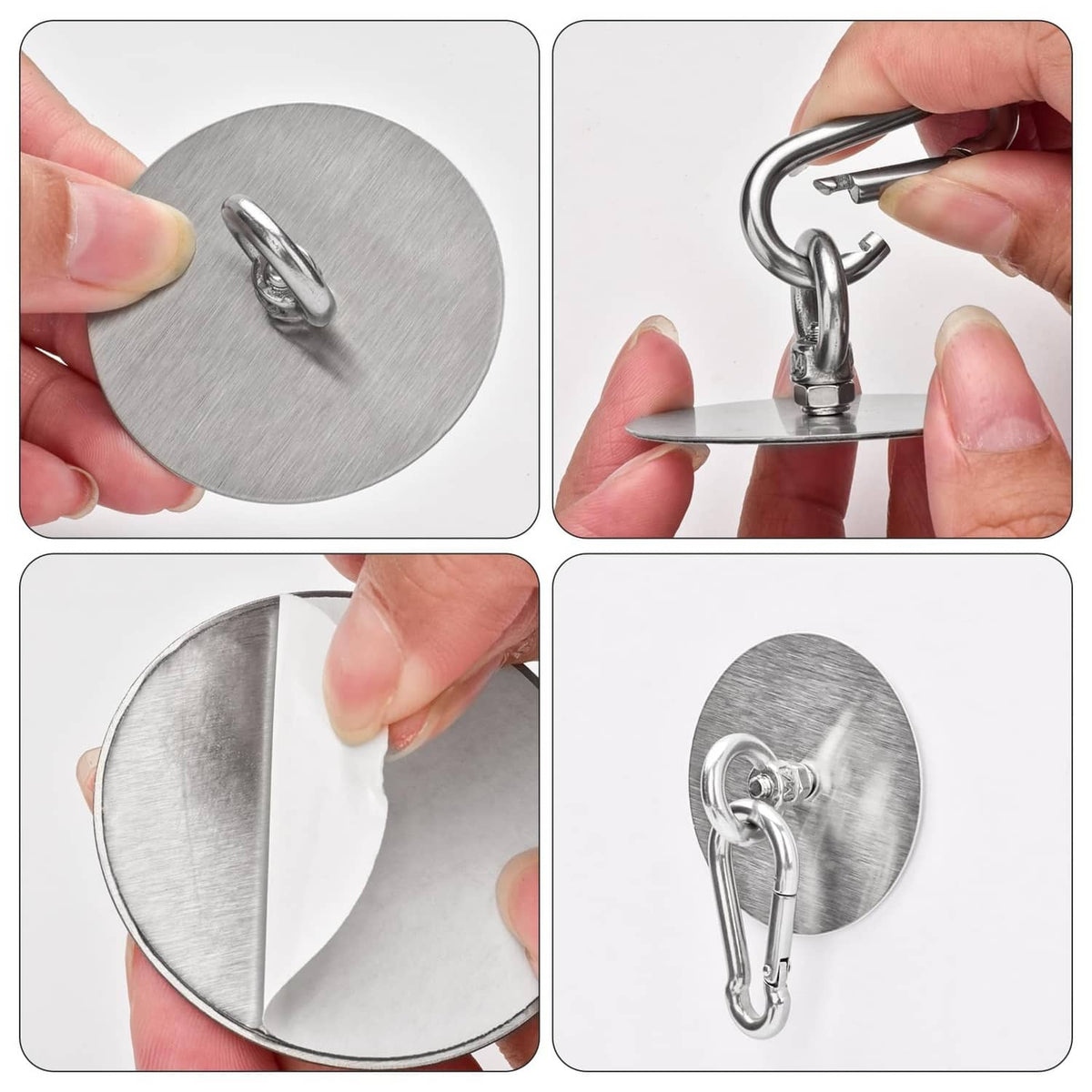 Stainless steel adhesive ceiling hook pad; hands show easy attach and open/close