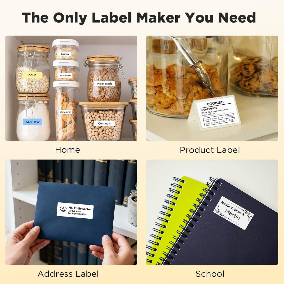 Printed label examples for home jars, product, address, and school use
