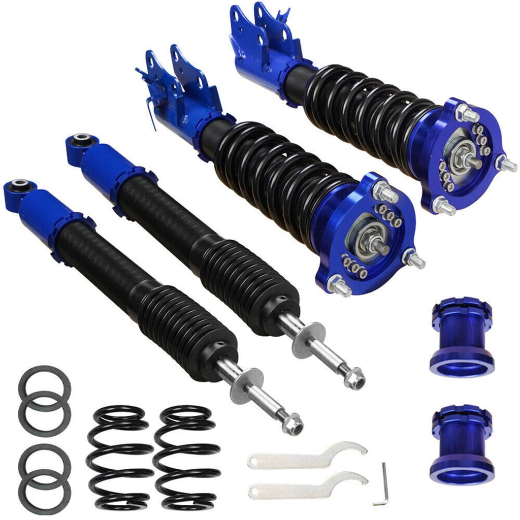 Adjustable coilover struts kit with blue shock bodies, black springs, and mounting parts