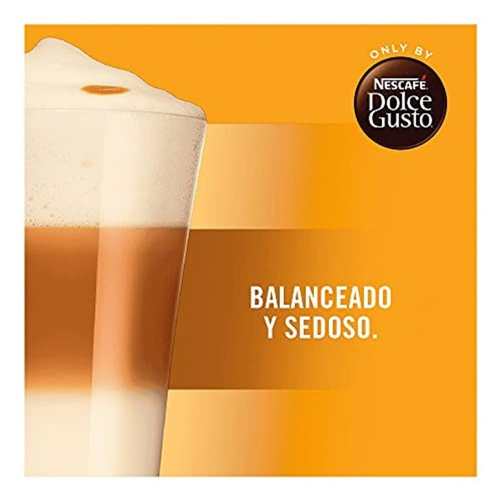 Latte macchiato coffee pod box with creamy drink graphic