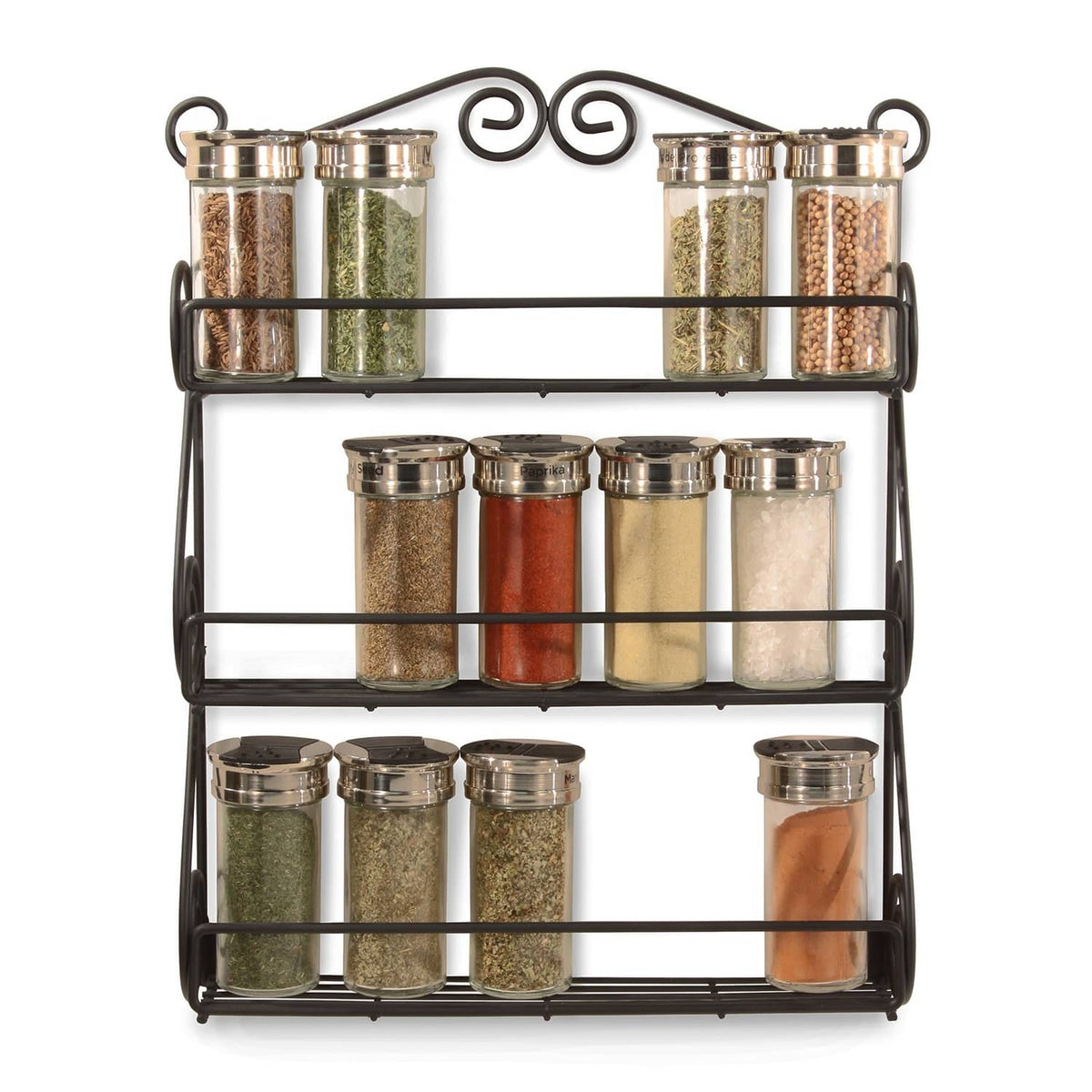Black wall spice rack filled with assorted spice jars on three wire shelves.