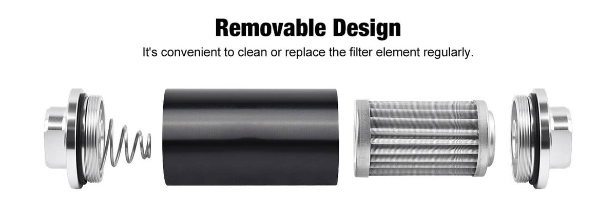 Removable inline fuel filter design with exposed stainless mesh screen inside housing