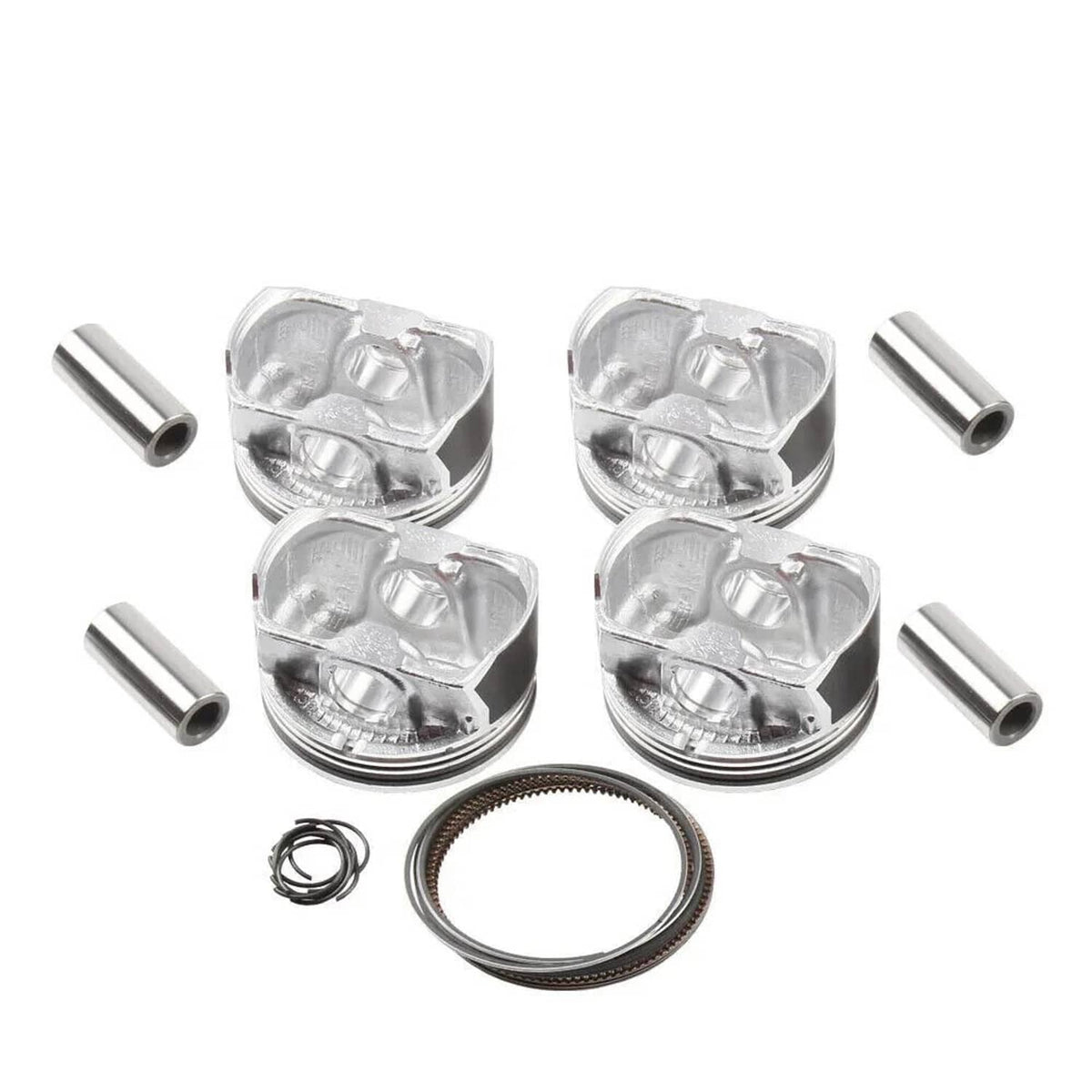 Engine piston set with wrist pin hardware and compression rings, silver metal