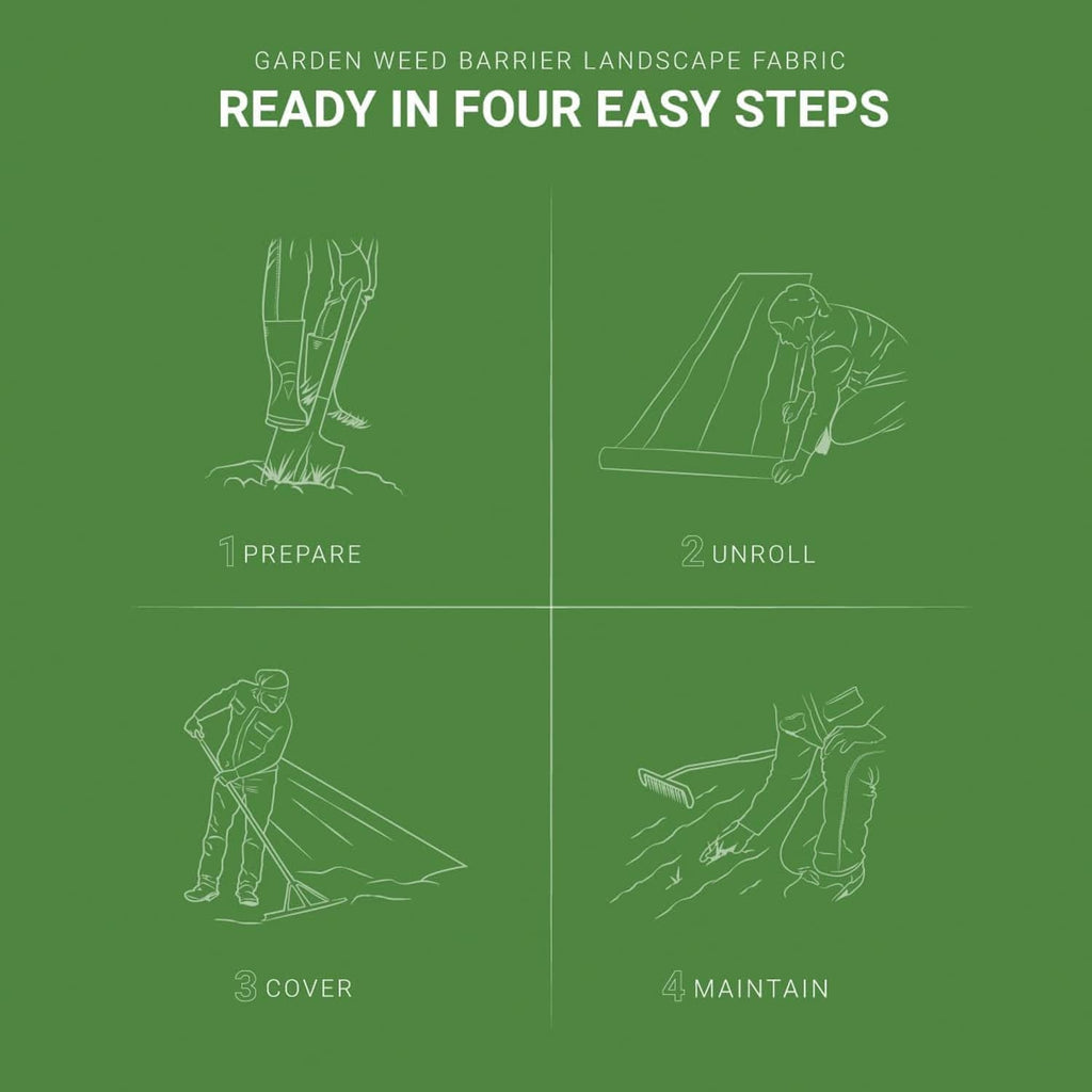 Green four-step instruction graphic for garden weed barrier landscape fabric.