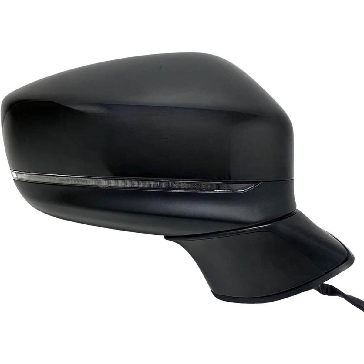 Black power mirror housing with clear turn-signal strip along the edge