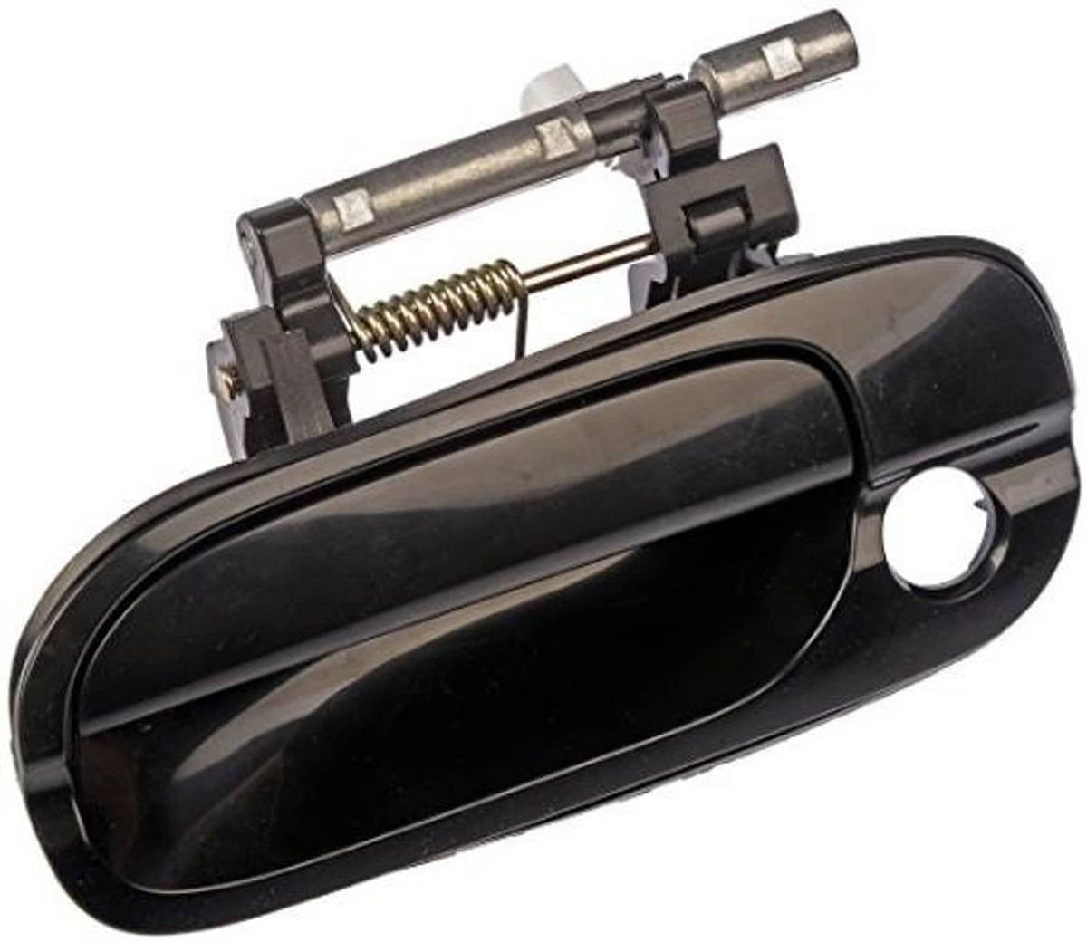 Black front exterior door handle with metal linkage and round keyhole