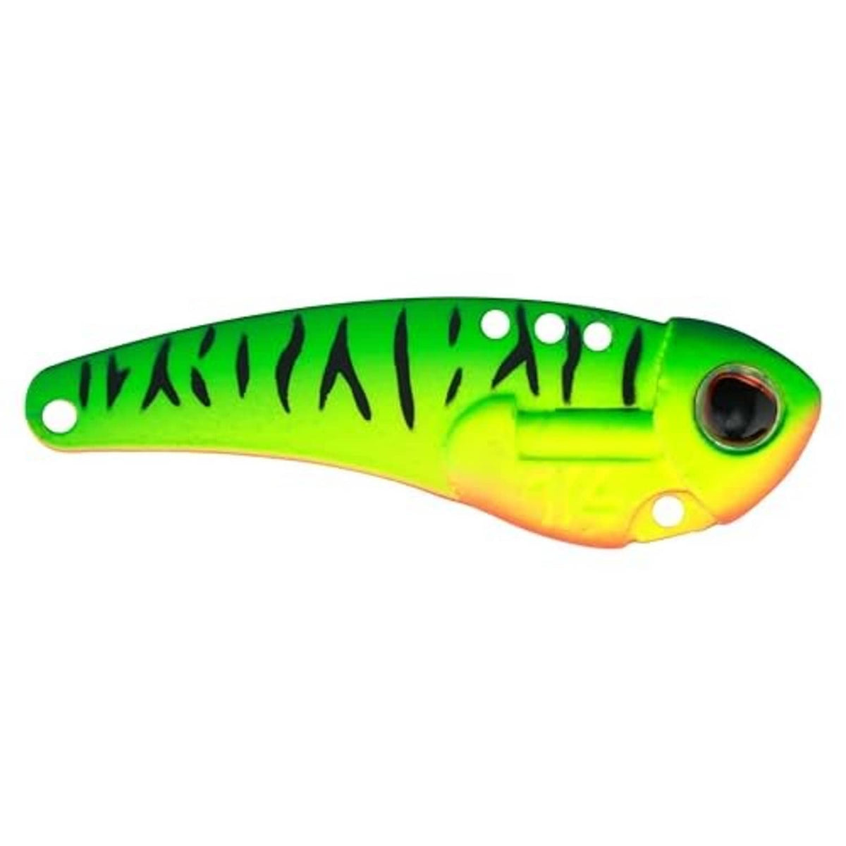 Berkley Thinfisher blade bait lure with green Firetiger top and yellow belly, two treble hooks