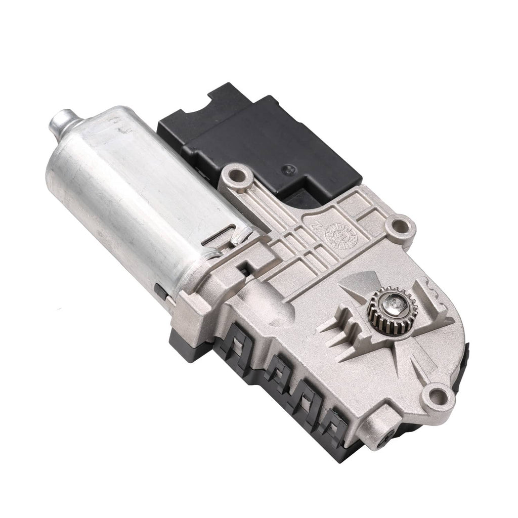 Sunroof moon roof motor assembly with silver metal housing and black electrical connector