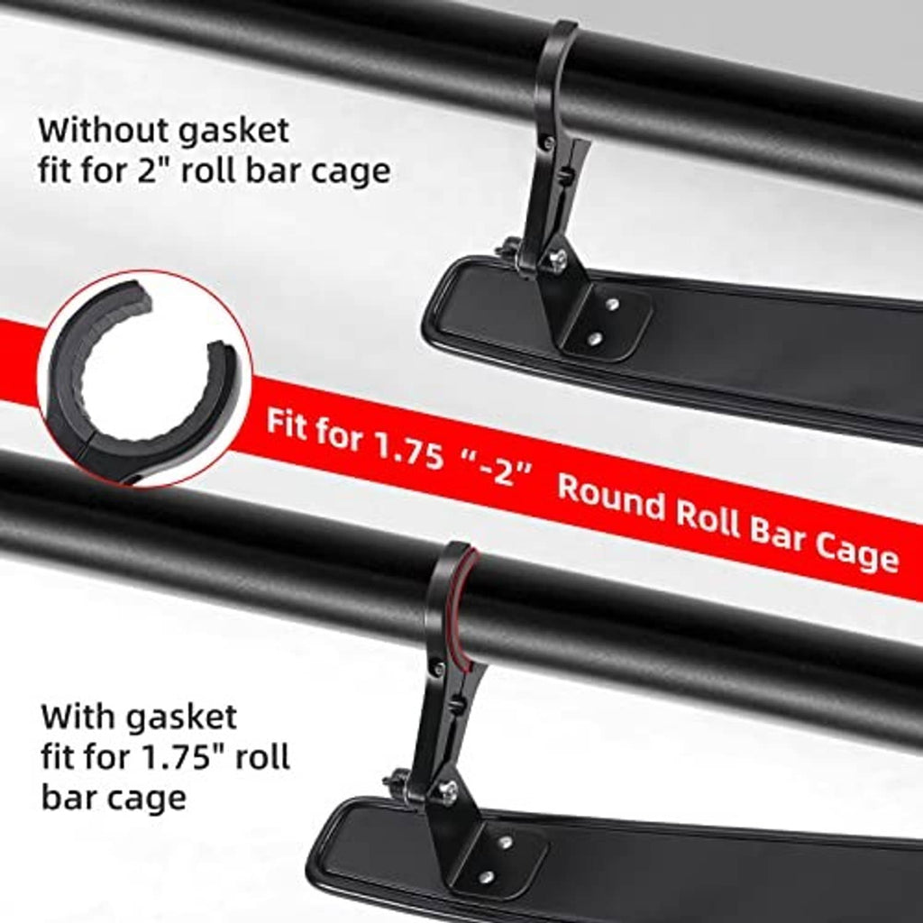 UTV center mirror mount shown fitting 1.75 in and 2 in round roll bars