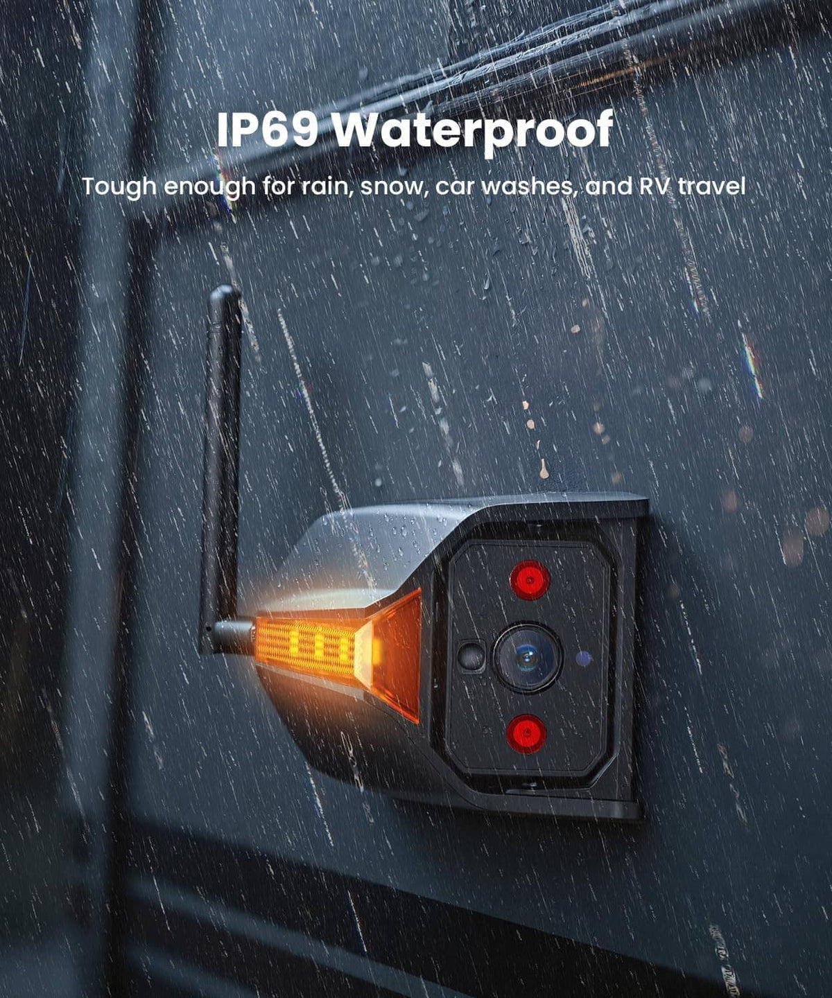 Waterproof IP69 side backup camera with amber LED illuminated in heavy rain