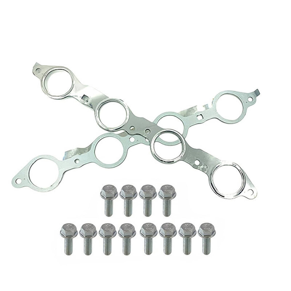 Exhaust manifold header gasket set with bolts and multiple circular sealing openings