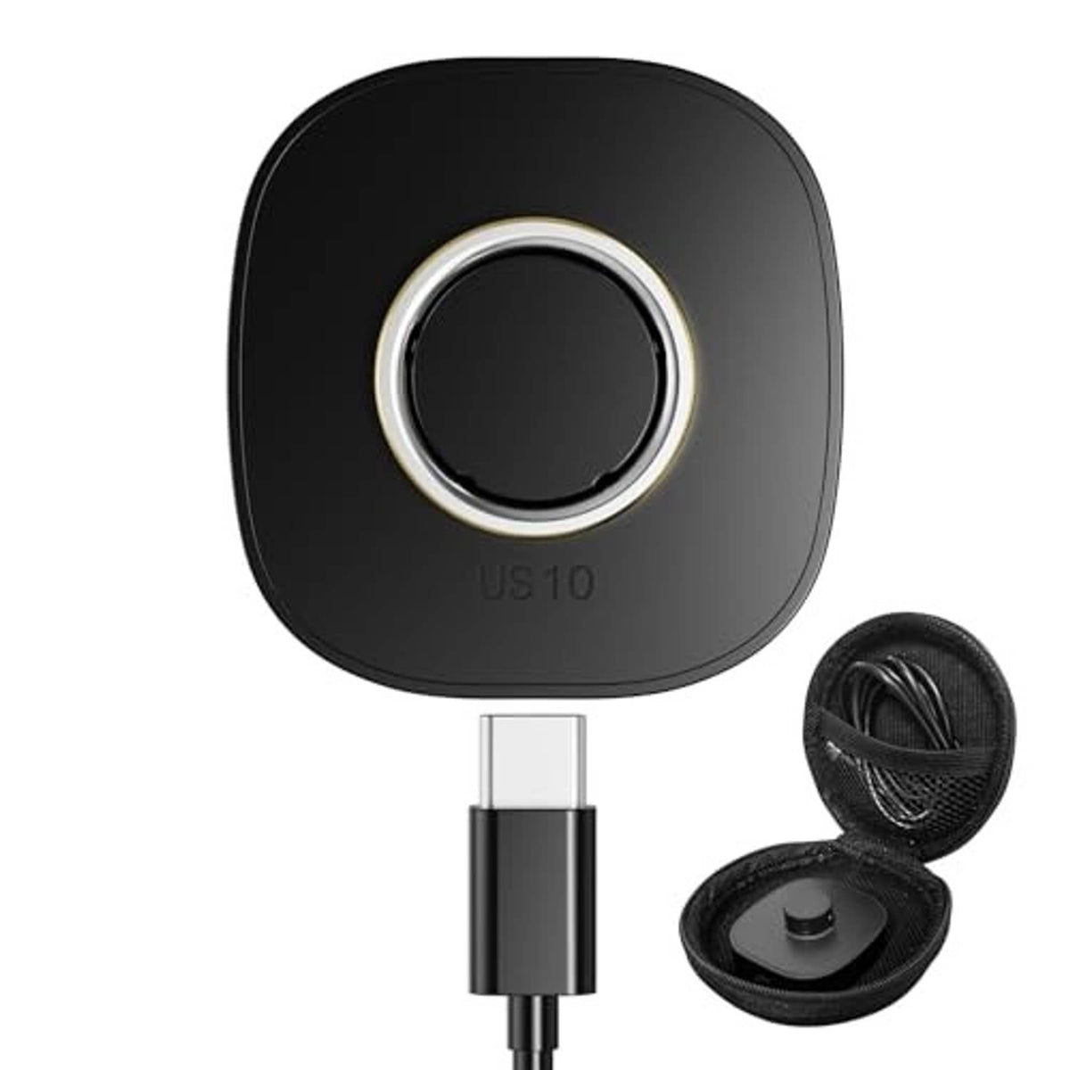 Black wireless charging case with circular ring dock, US10 marking, USB-C cable and open pouch