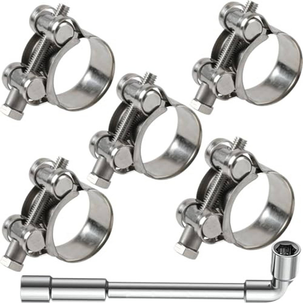 Five stainless steel T-bolt hose clamps with bent hose connector section