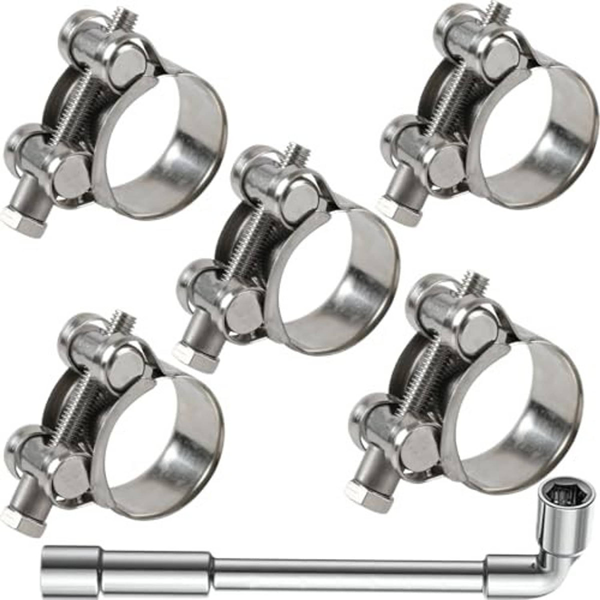 Five stainless steel T-bolt hose clamps with bent hose connector section