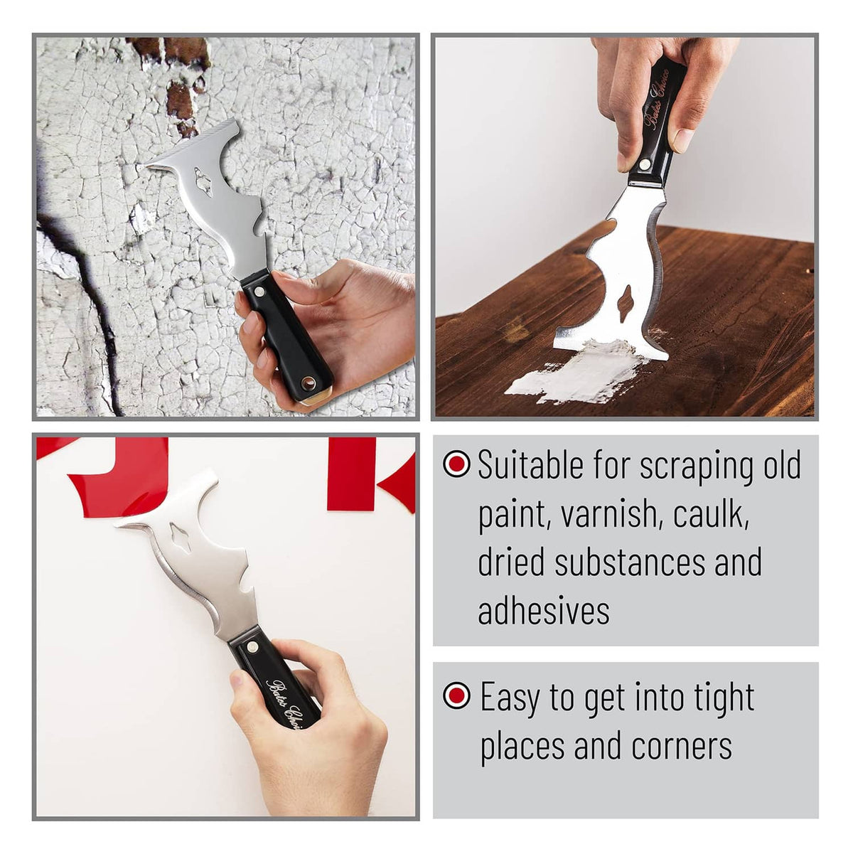 Paint scraper tool in hand with black handle and metal blade removing paint