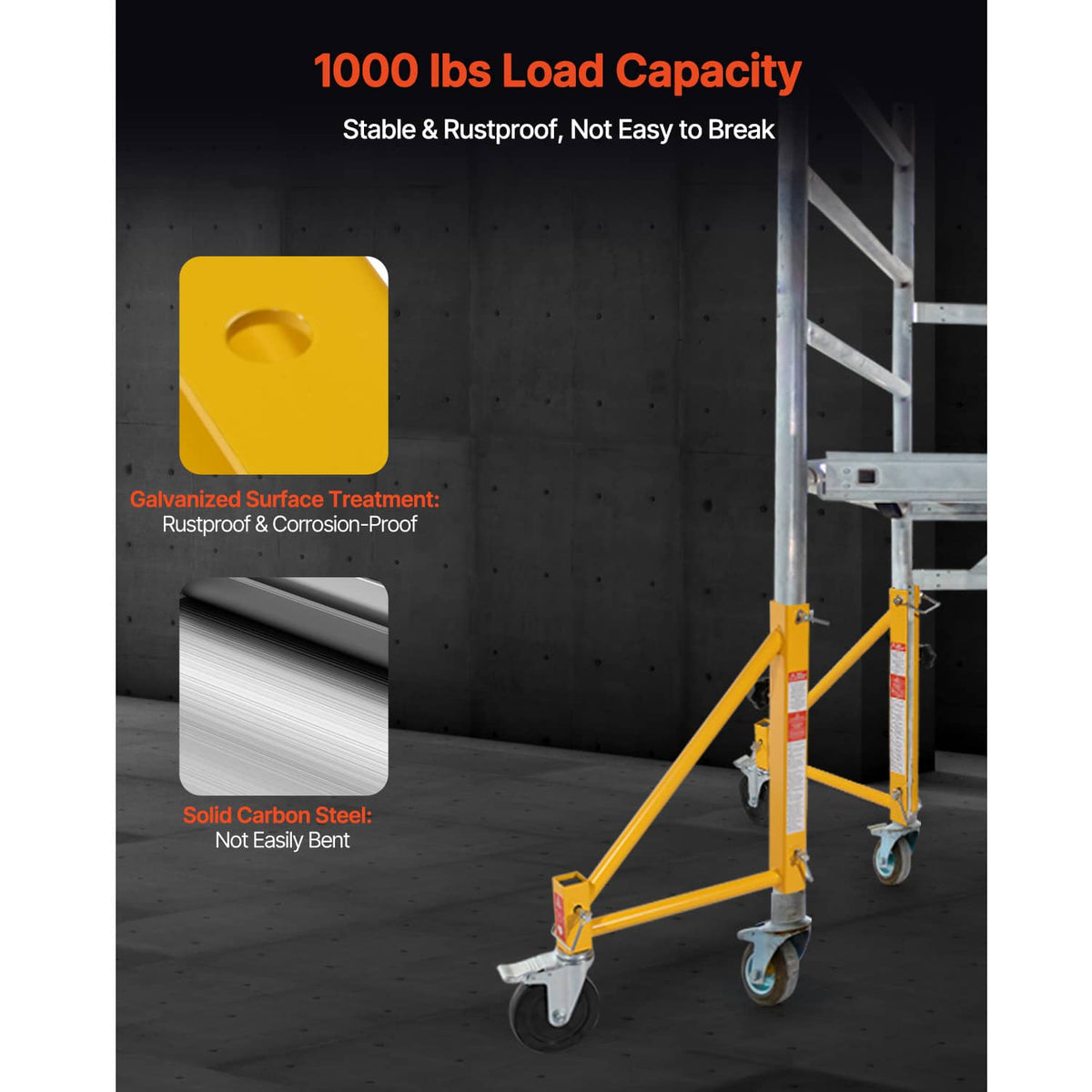 Yellow scaffolding outrigger with rustproof finish and swivel caster wheels for support