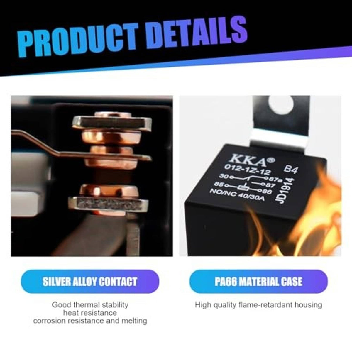 Automotive relay with silver alloy contact pins and black PA66 case