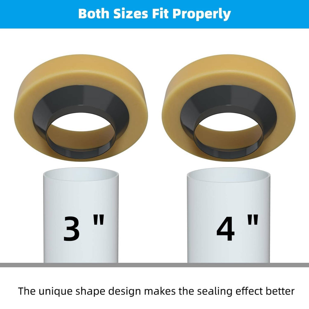 Two yellow toilet wax ring gaskets, size options for 3 in and 4 in bowls