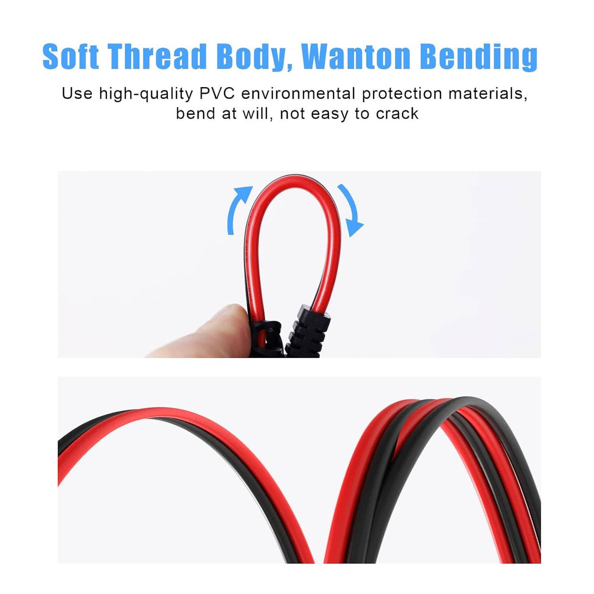Flexible SAE splitter cable with red wire and black connectors for easy bending