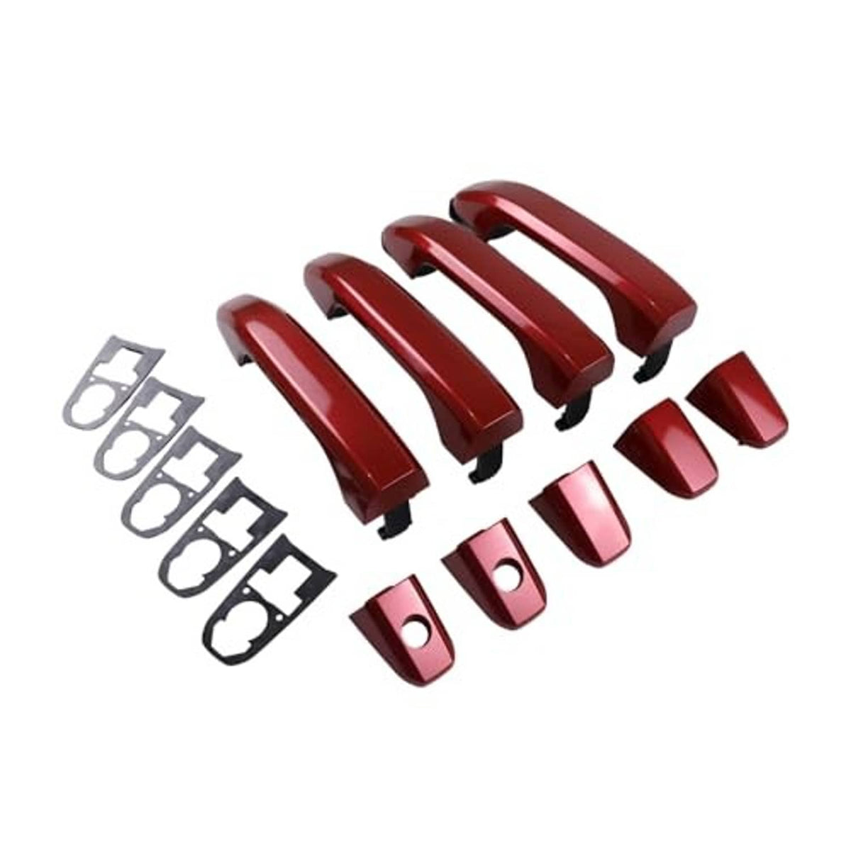Red exterior door handle kit set with handle covers, small caps, and mounting clips