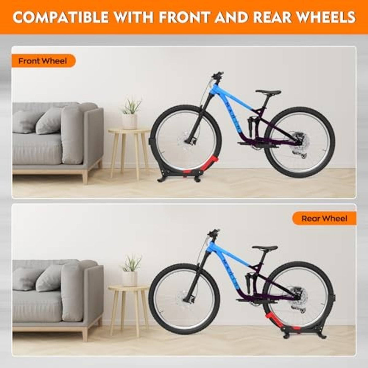 Portable bike floor stand with front and rear wheel support, black frame and red cradle