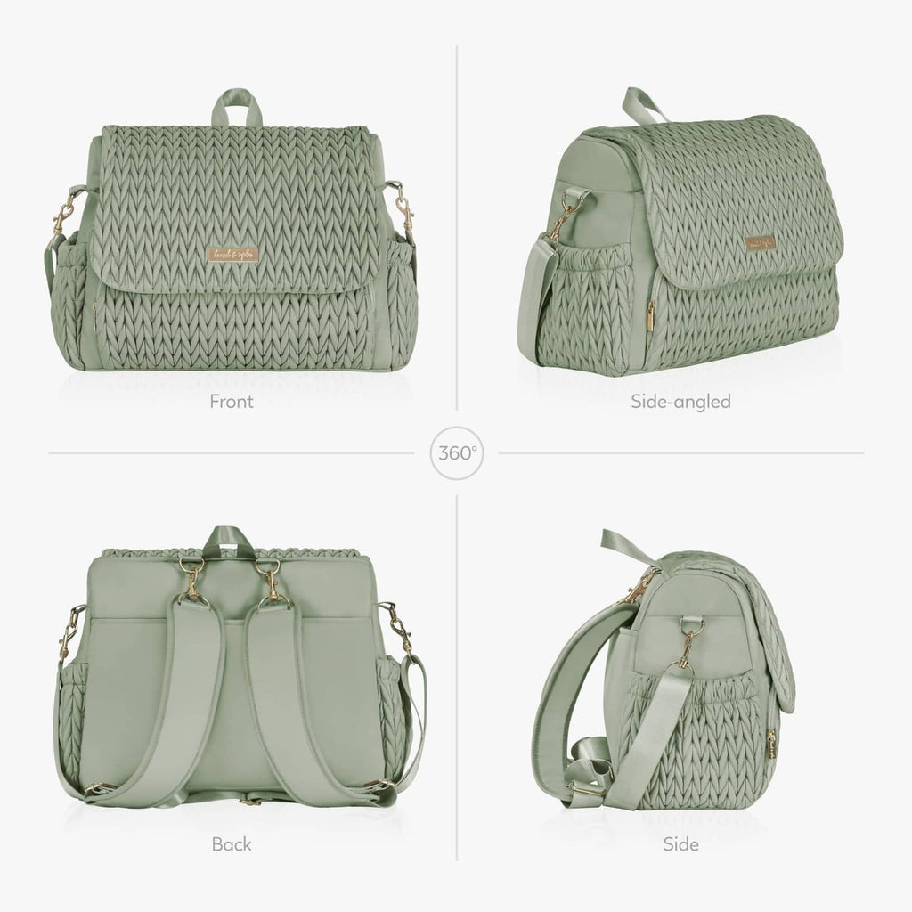 Sage green quilted diaper backpack, front/back/side views with convertible straps