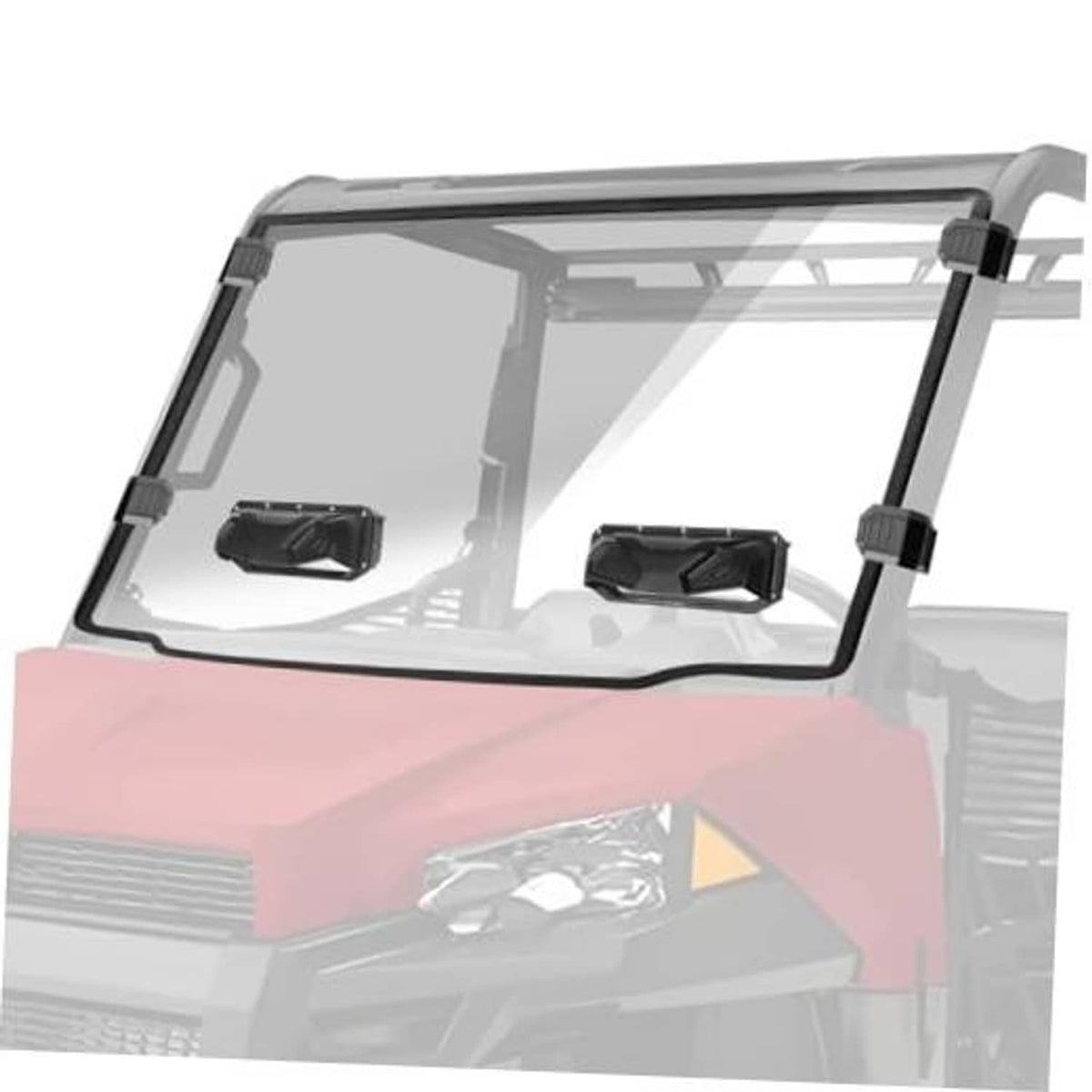 Vented UTV windshield panel with clear polycarbonate and black mounting posts
