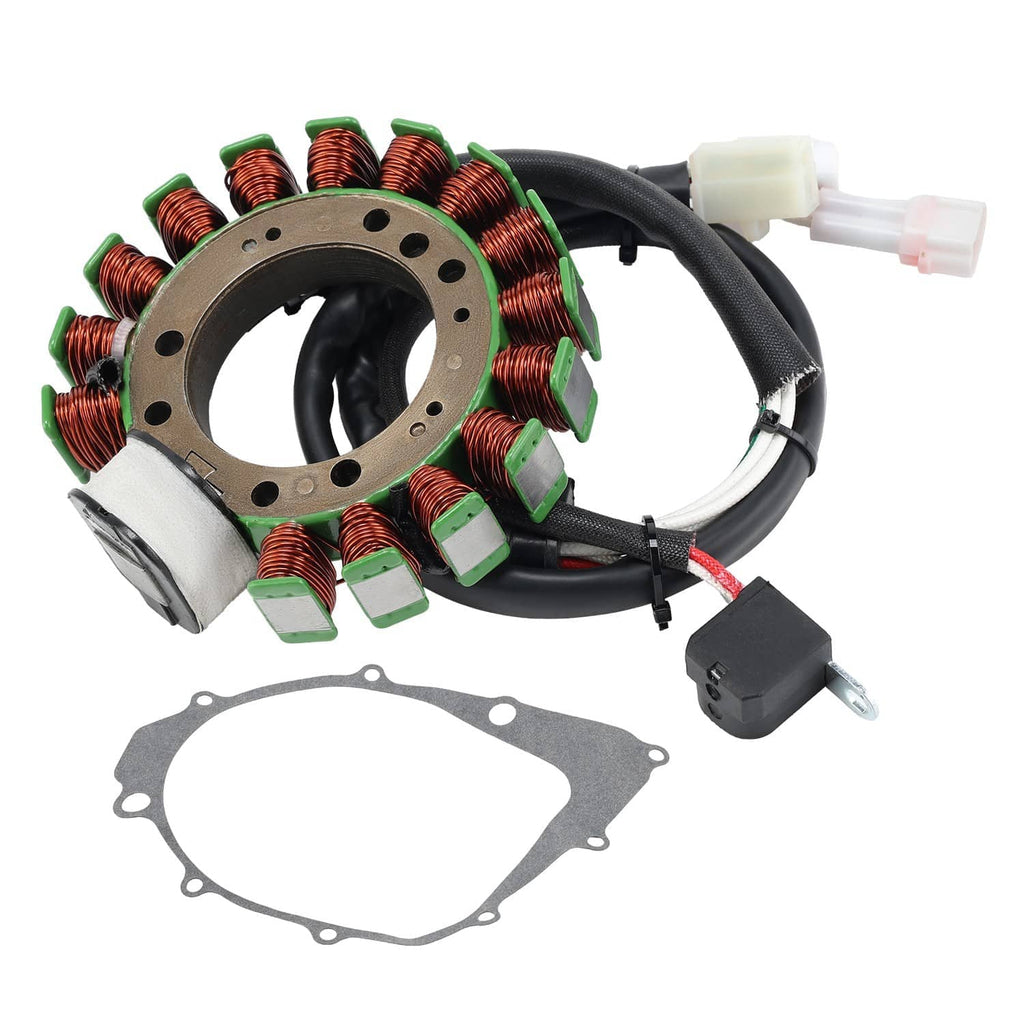 Stator coil ring with wiring harness and connectors, plus engine cover gasket