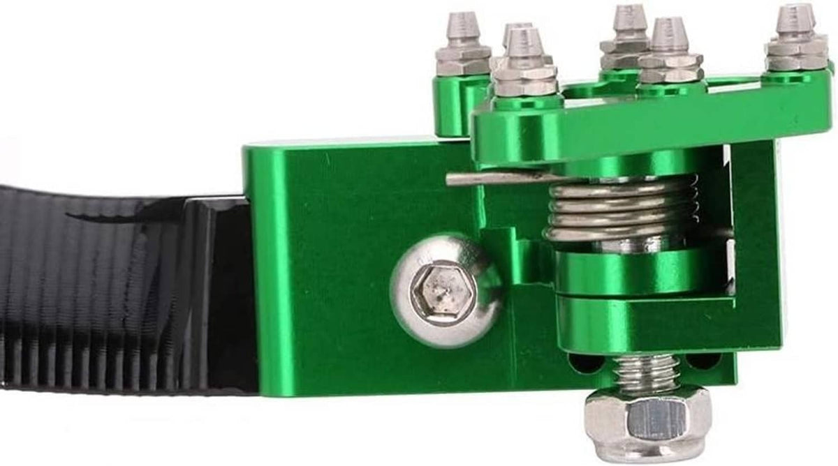 Green CNC folding brake pedal bracket with screws, bolts, and pivot spring hardware