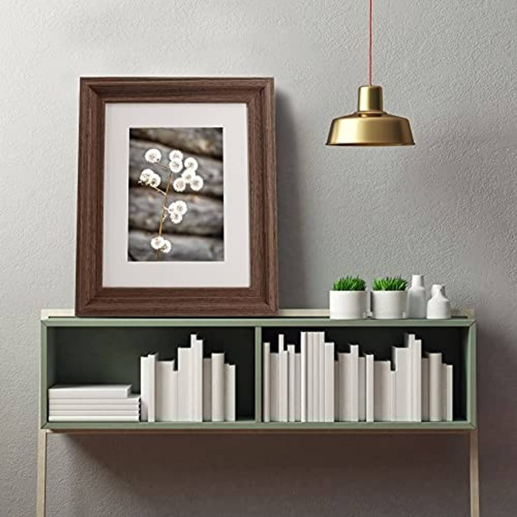 Dark brown wood picture frame with white mat, displayed on a wall shelf.
