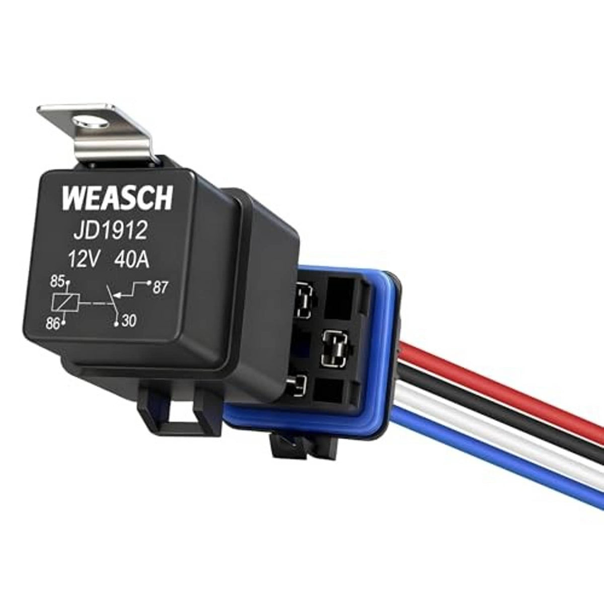 WEASCH waterproof relay 4-pin connector with blue base and color leads: red, blue, black