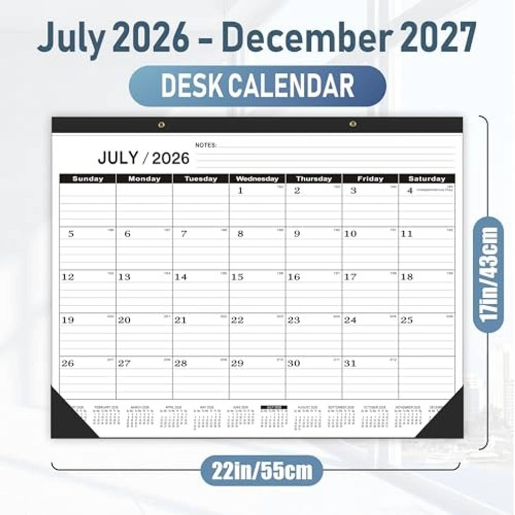 Desk calendar showing July 2026 to December 2027 with blue header and weekly date grid