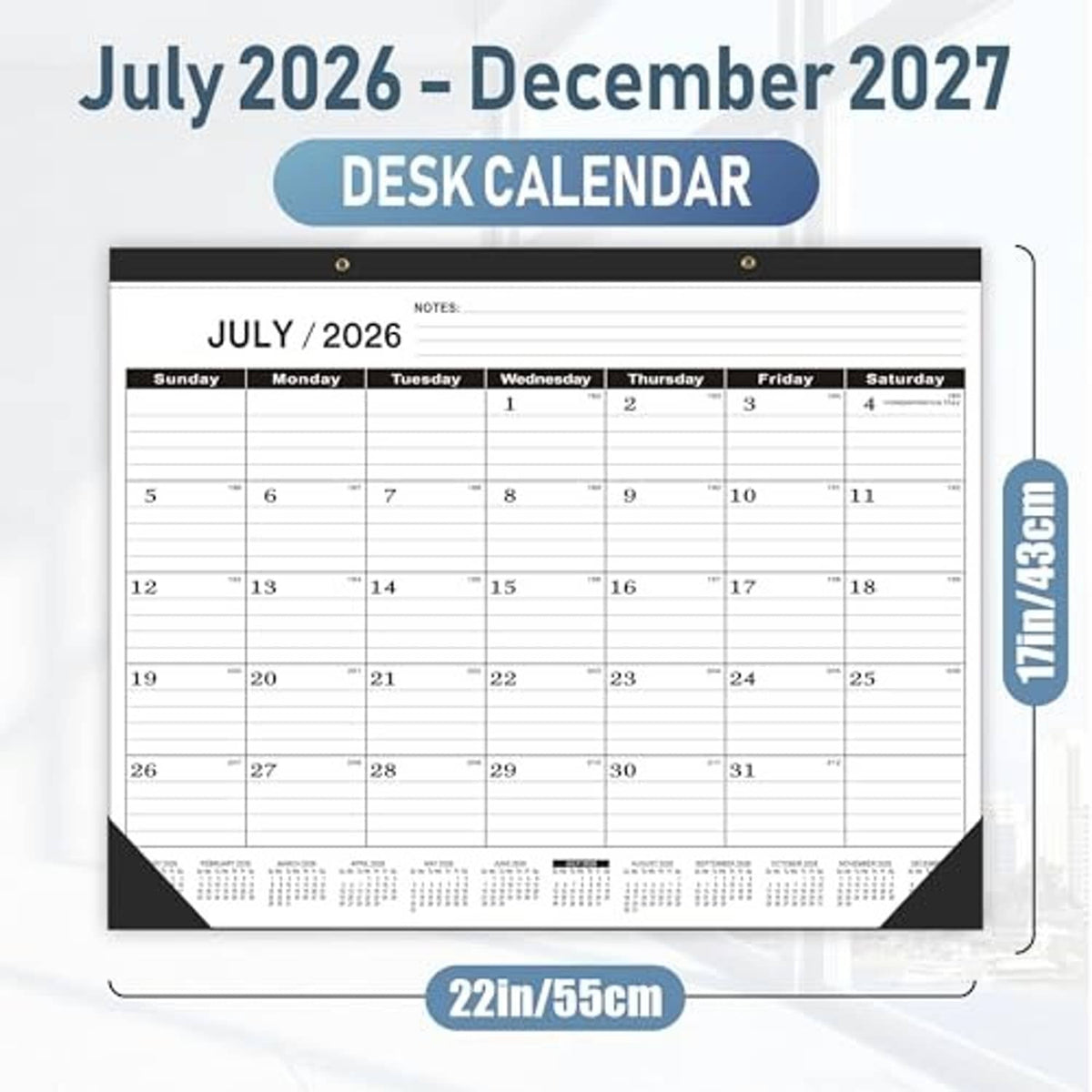 Desk calendar showing July 2026 to December 2027 with blue header and weekly date grid