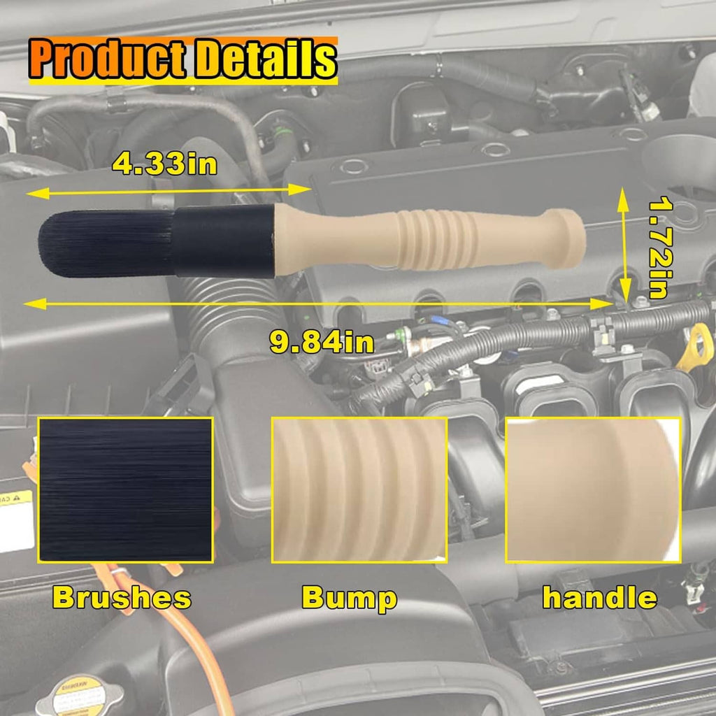 Bullet-head detailing brush with beige ribbed handle, shown in engine bay