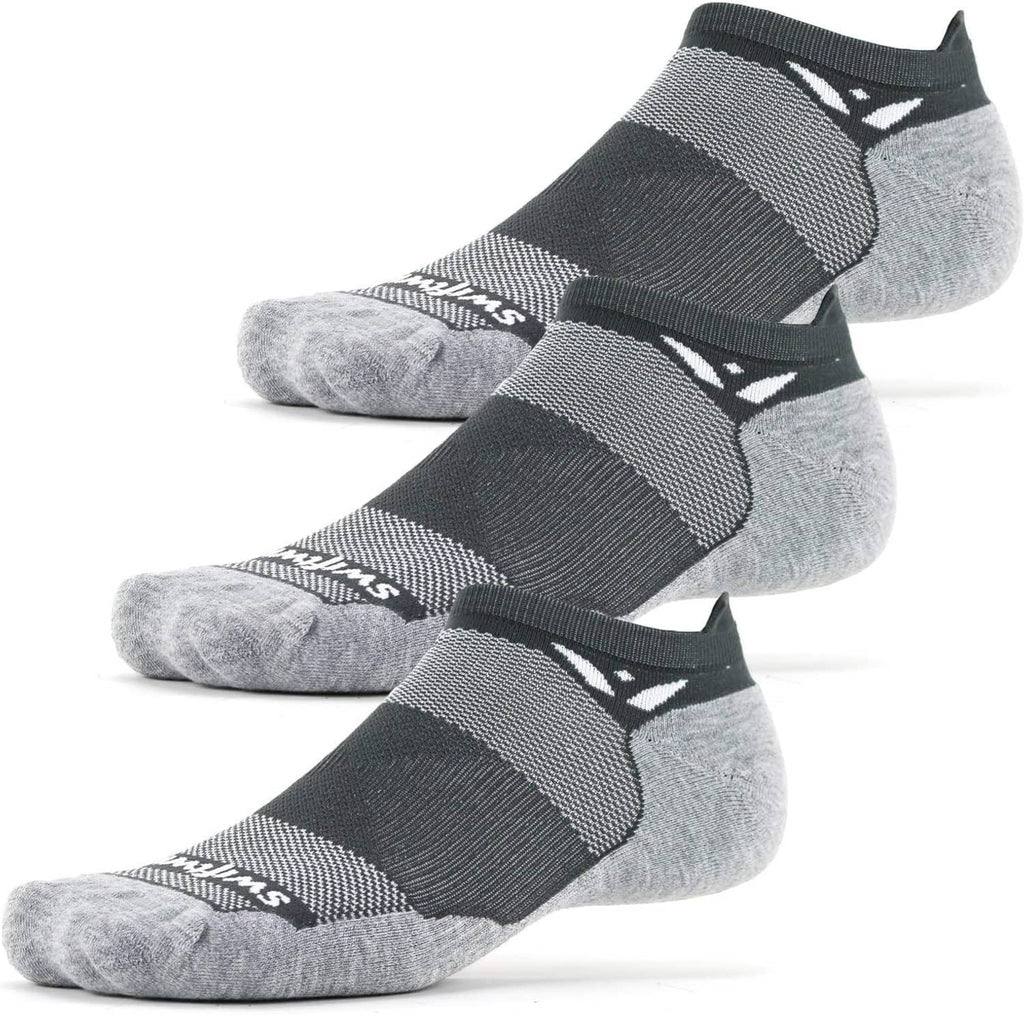 No-show tab socks, gray and dark gray with cushioned heel and white logo
