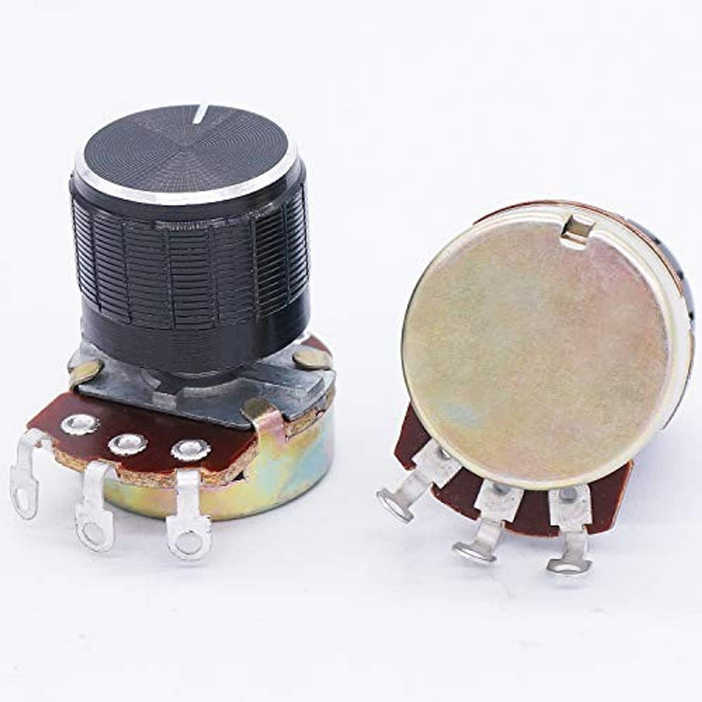 Set of 3 rotary potentiometers with black knobs and circular metal mounting backs.
