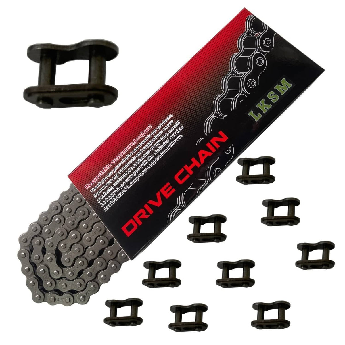 Motorcycle drive chain (132 links) with red-black sleeve and connector clips