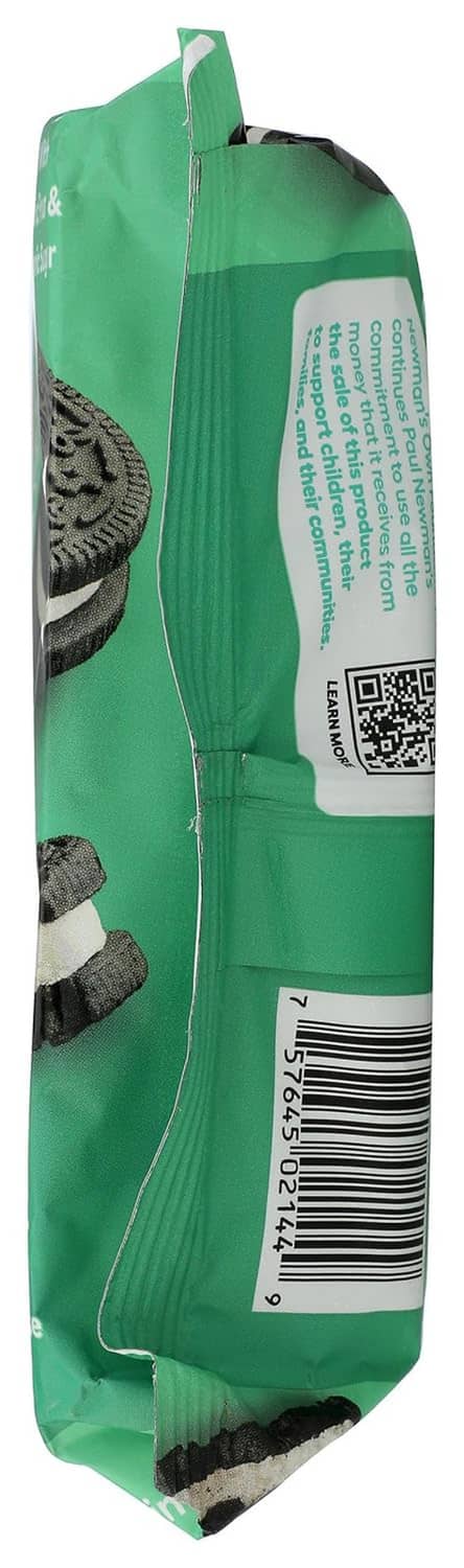 Narrow back view of green Newman O's hint-O-mint cookie package with label text