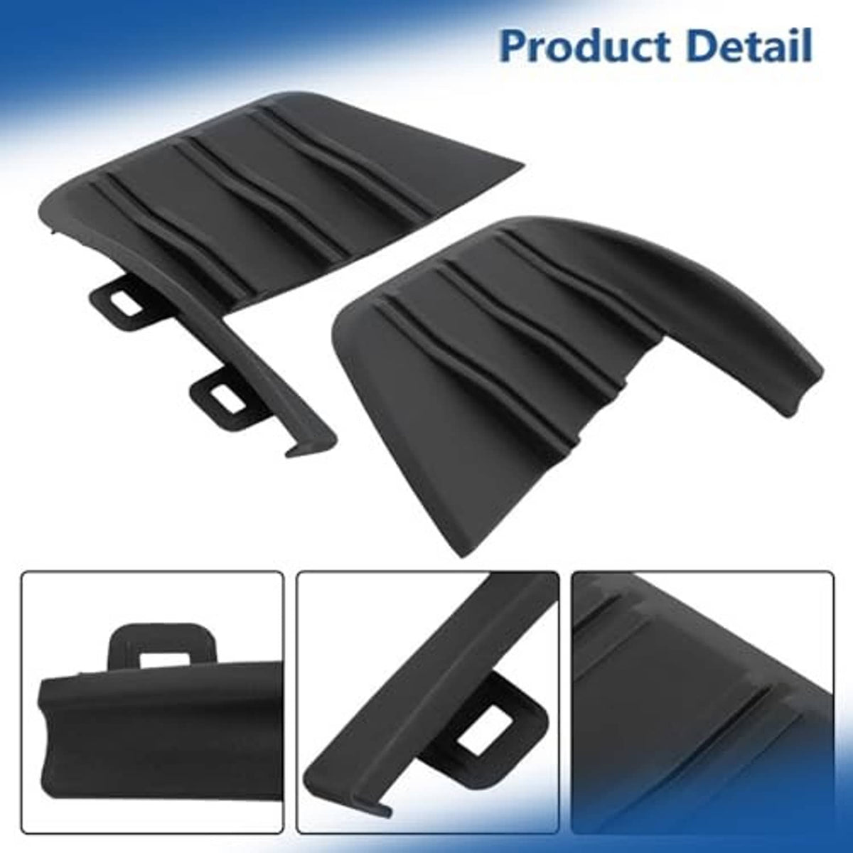 Black front bumper trim molding pieces with ridged surface and mounting tabs