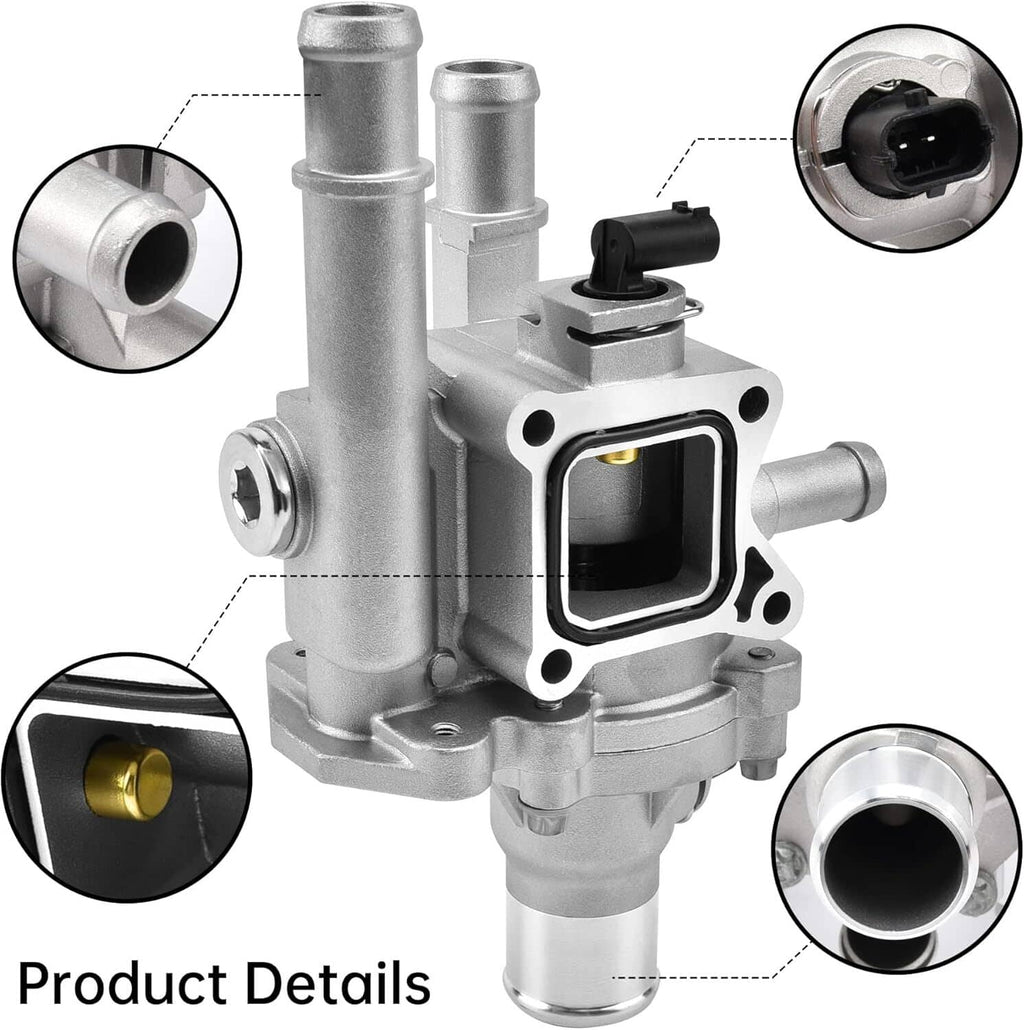 Thermostat housing assembly close-up with connector and rounded coolant ports, silver.