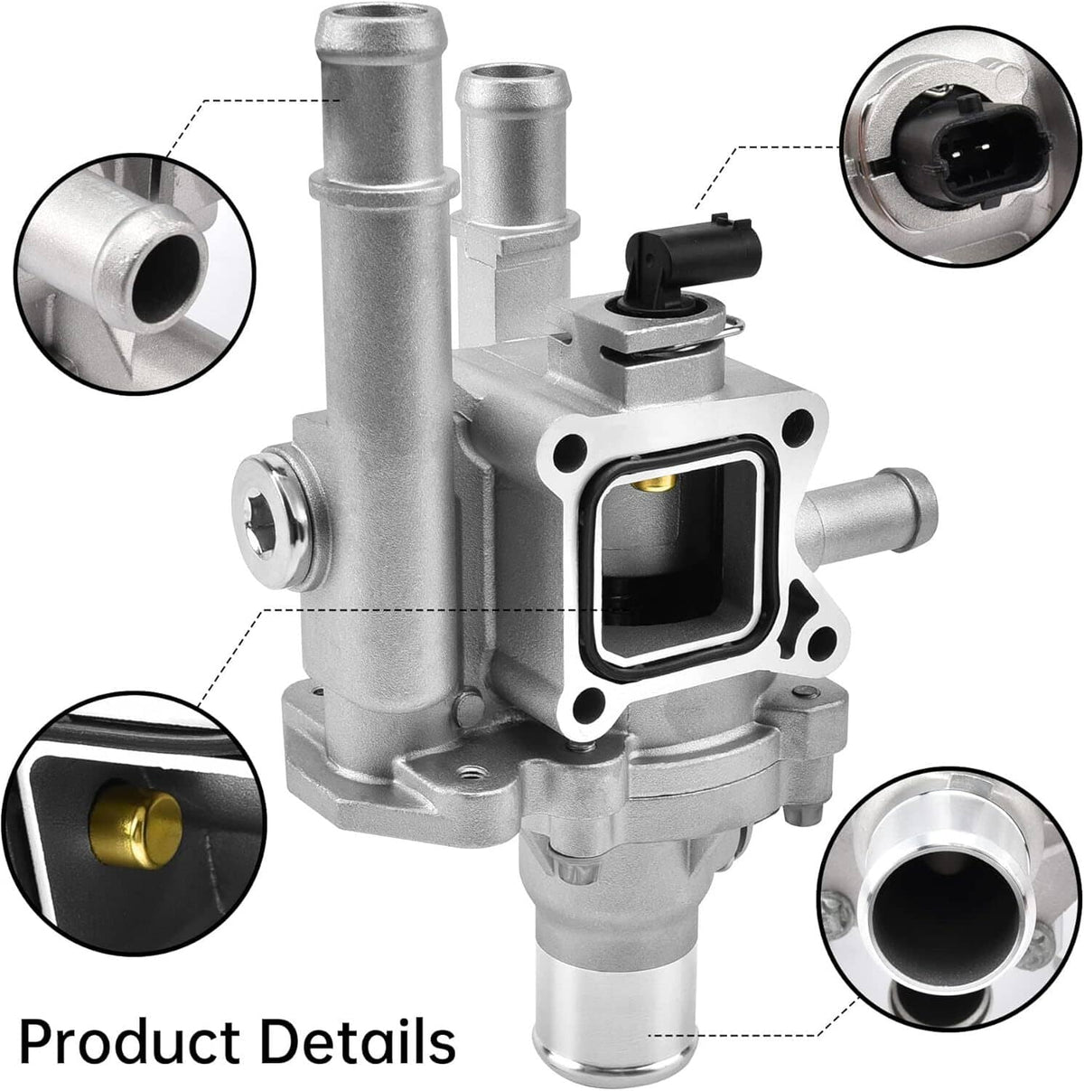 Thermostat housing assembly close-up with connector and rounded coolant ports, silver.