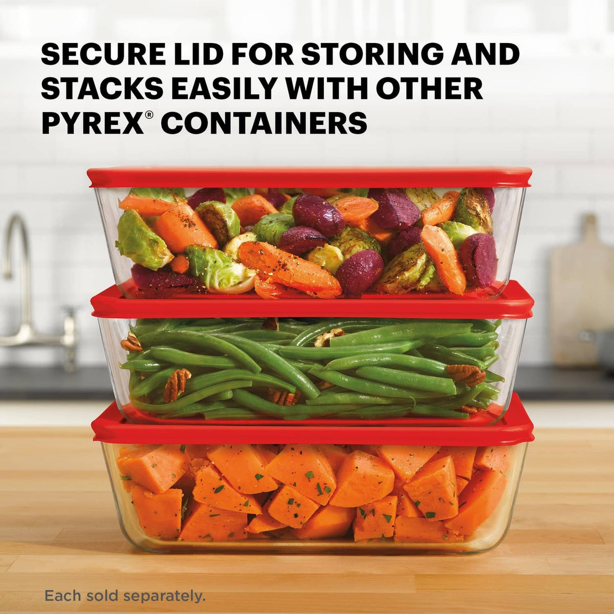 Stackable glass meal prep containers with red lids, secure snug fit