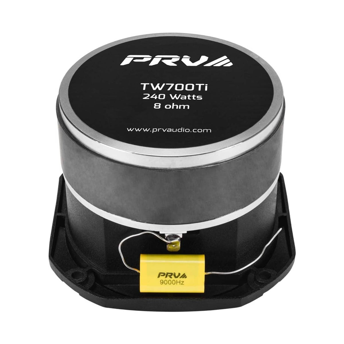 PRV Audio black bullet tweeter with top label and rear mounting base
