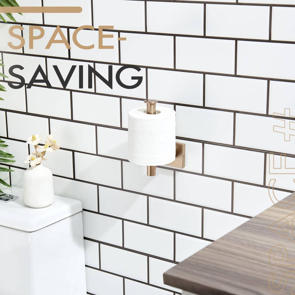 Vertical toilet paper holder with champagne bronze bar and small round base extensions