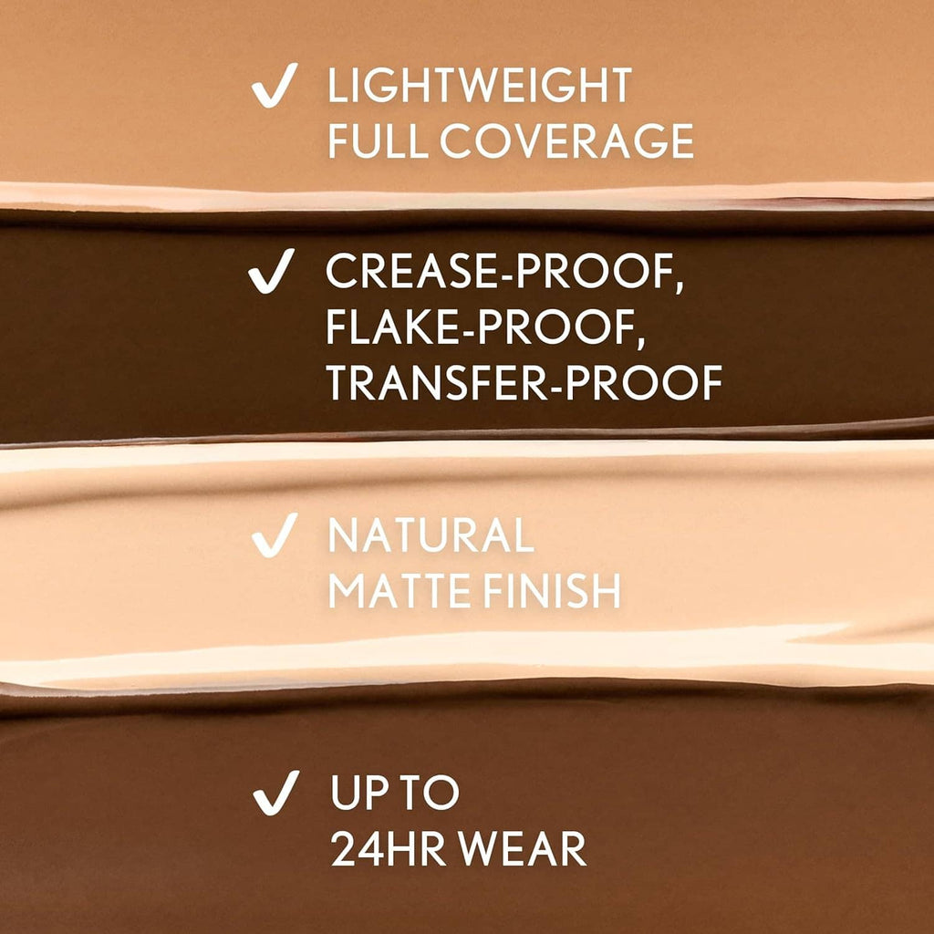 Layered concealer swatch stripes showing natural matte finish in warm beige