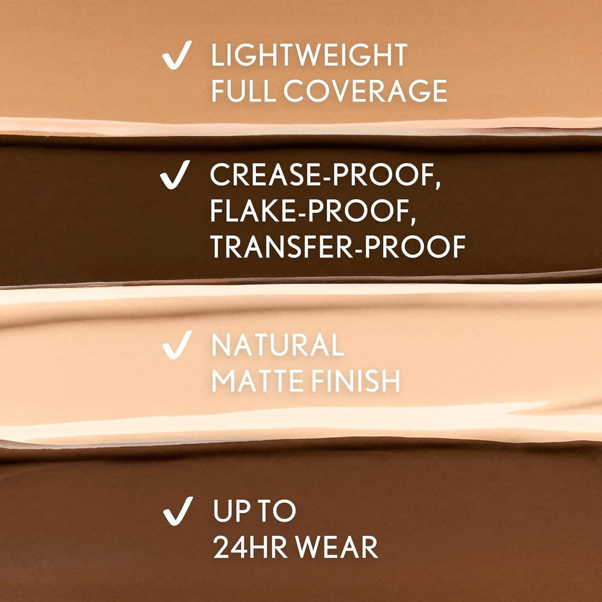 Layered concealer swatch stripes showing natural matte finish in warm beige