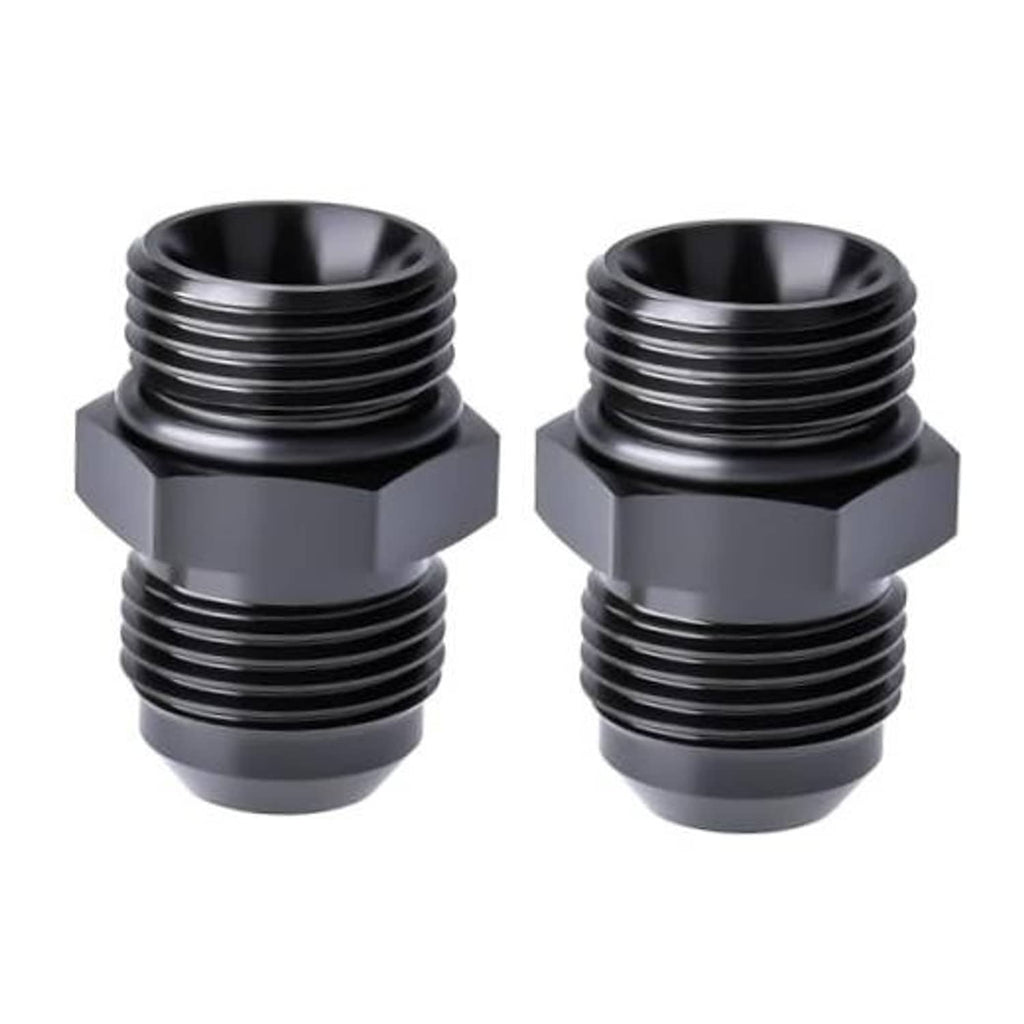 Two black AN ORB O-ring adapter fittings with hex bodies and threaded ports