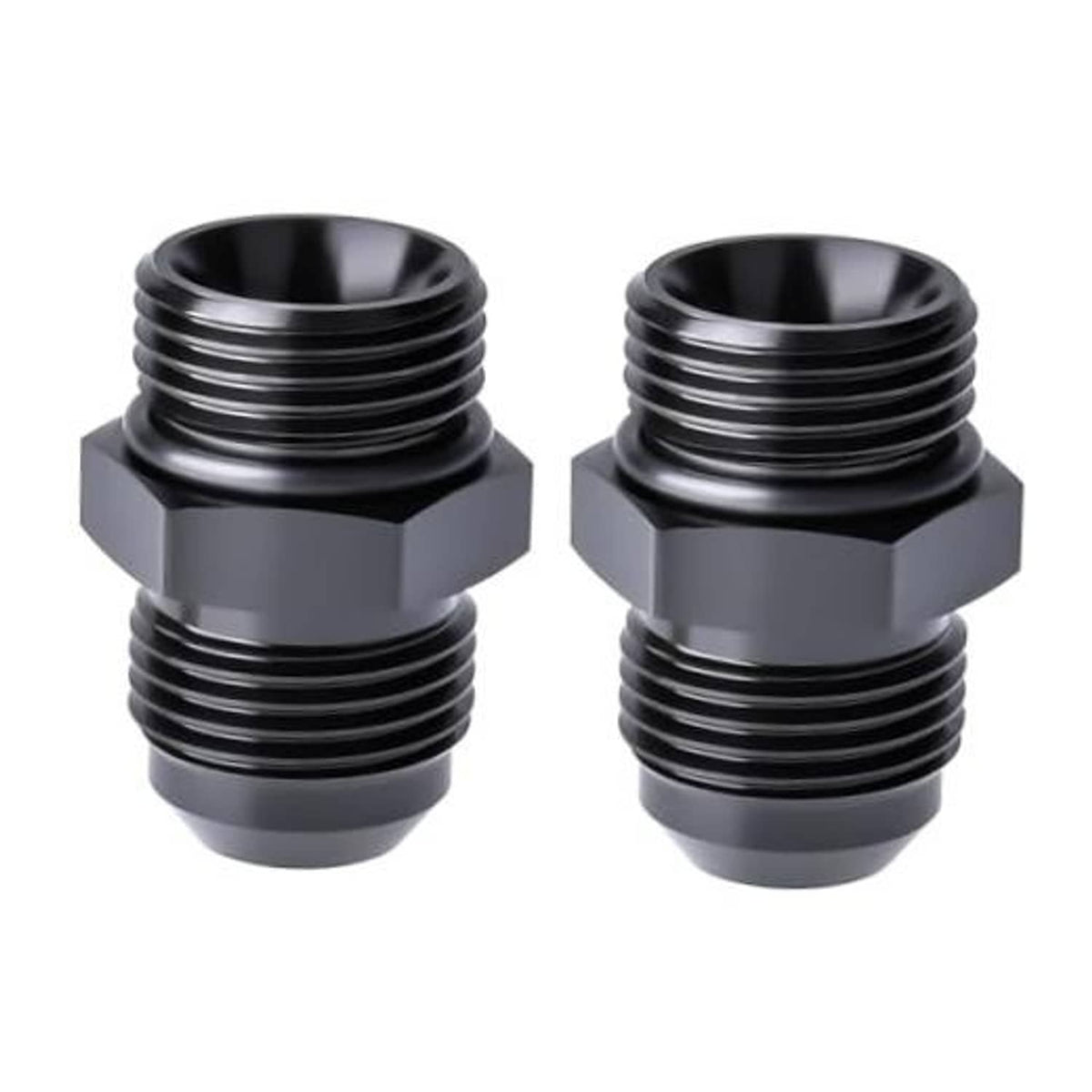 Two black AN ORB O-ring adapter fittings with hex bodies and threaded ports