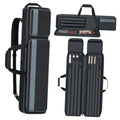 Black soft padded pool cue case with carry handle and shoulder strap, zip-open compartments