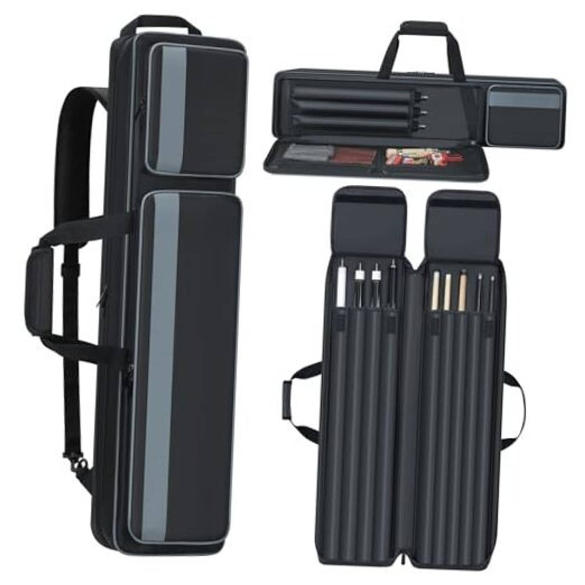 Black soft padded pool cue case with carry handle and shoulder strap, zip-open compartments